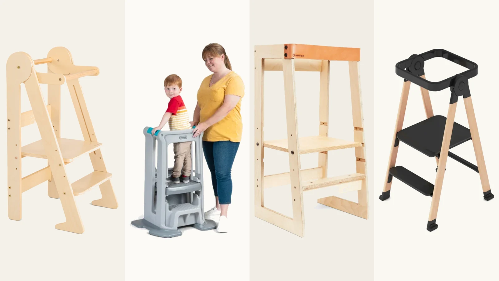 Official product images of four adjustable toddler towers shown in separate neutral panels