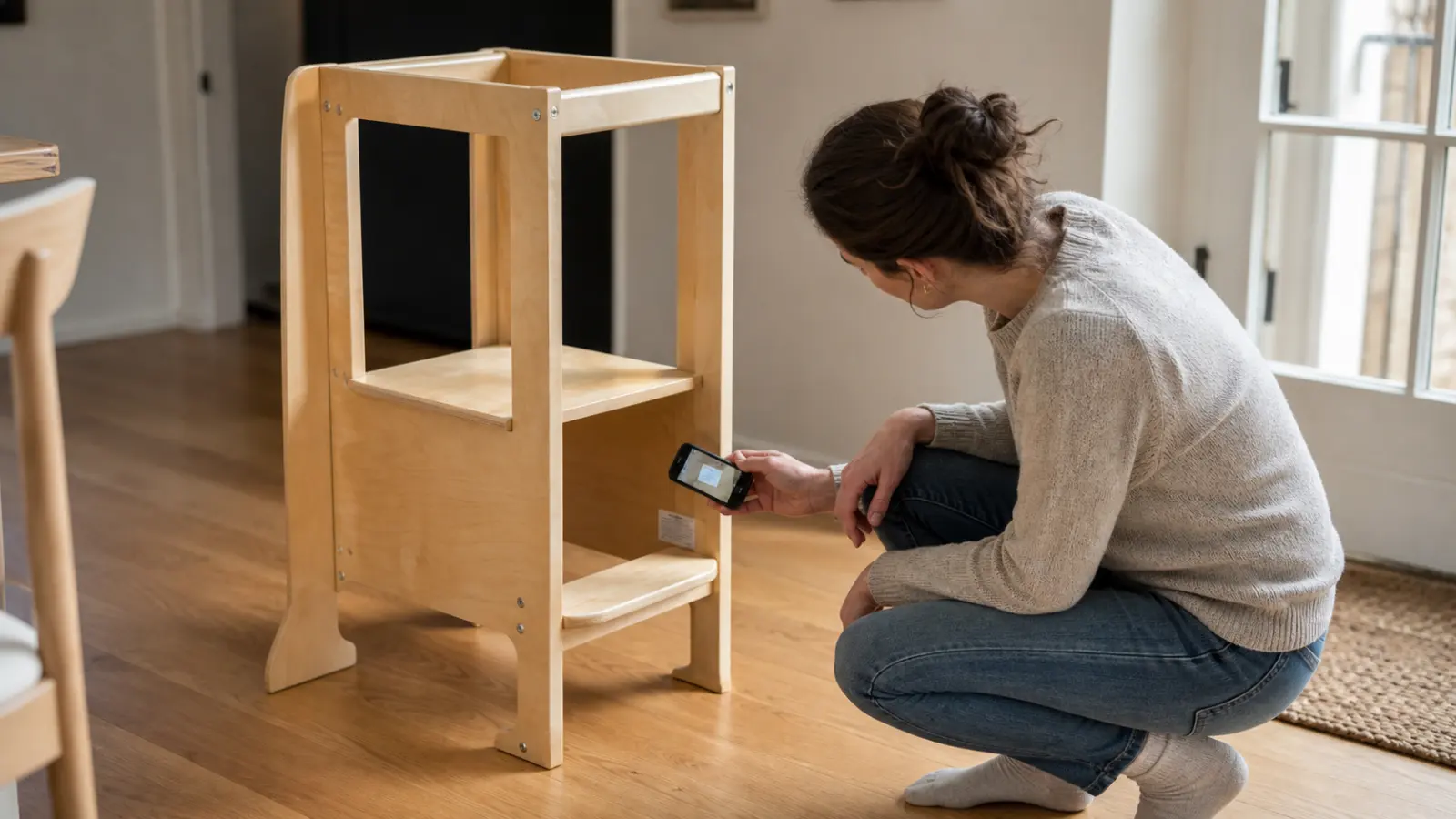 An adult photographs the identification label on an empty used wooden toddler tower before inspecting it