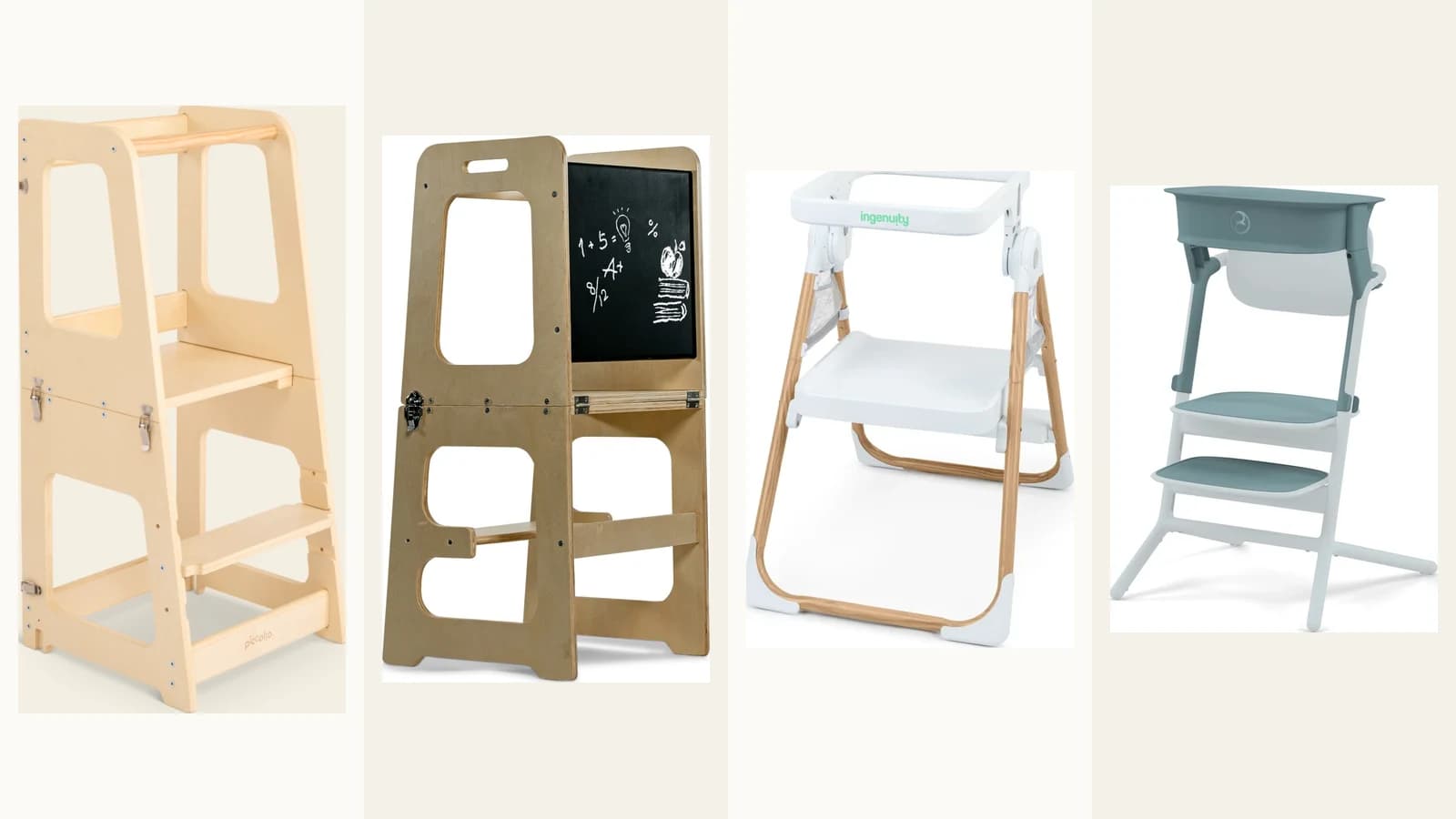 Official product images of four convertible toddler towers and chair systems shown in neutral panels