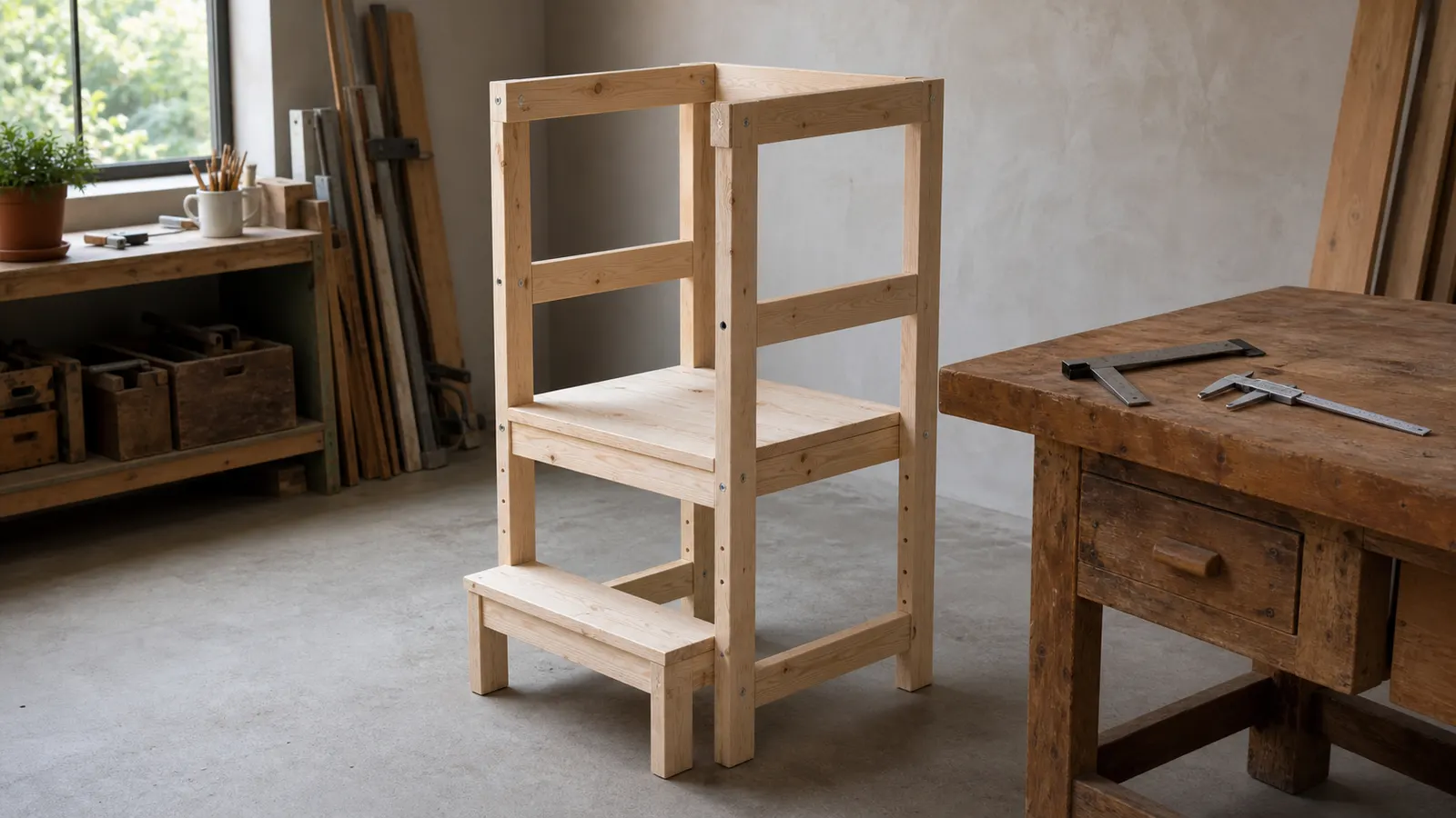 An unfinished wooden toddler tower prototype on a workshop floor beside measuring tools
