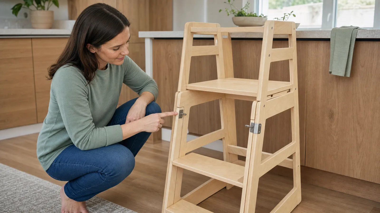 A parent inspects the visible side latch on an empty folded-open wooden toddler tower before use