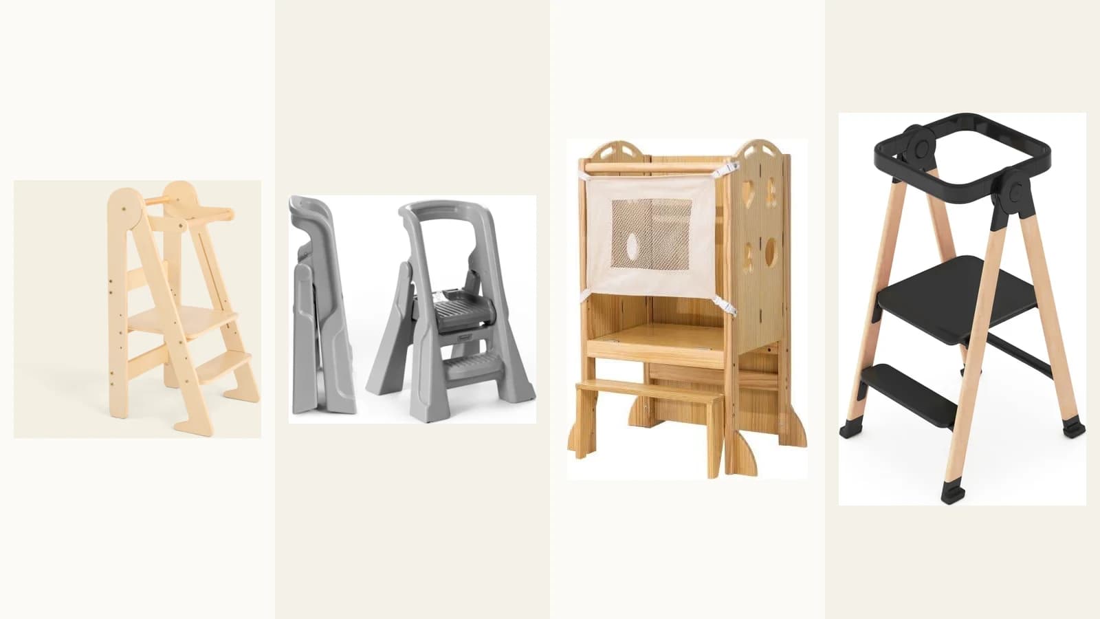 Official product images of four foldable toddler towers shown in separate neutral panels