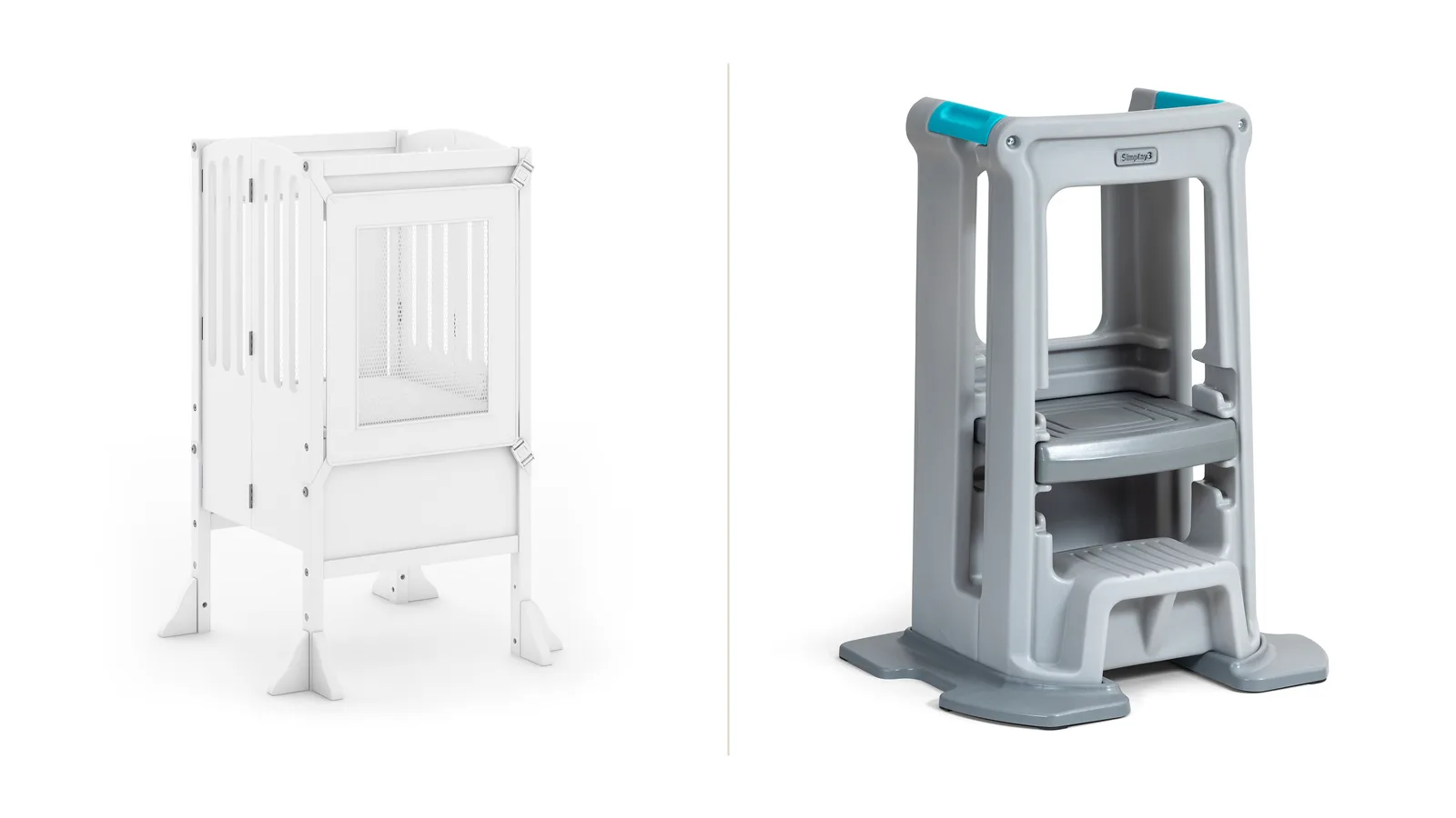 Official product images of the Guidecraft Contemporary Kitchen Helper and Simplay3 Toddler Tower Adjustable Stool shown side by side
