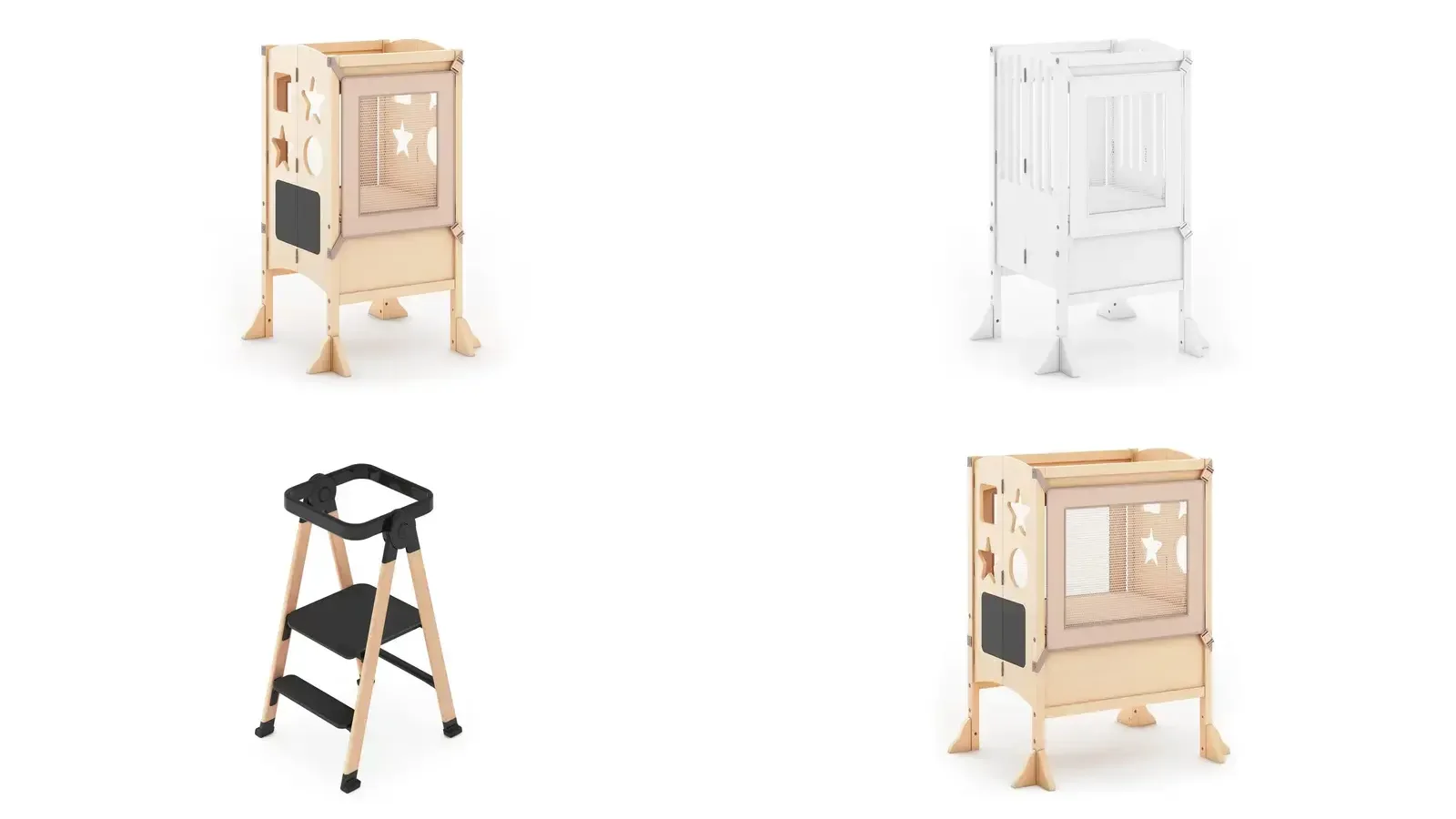Official product images of four Guidecraft Kitchen Helper models arranged in a comparison grid