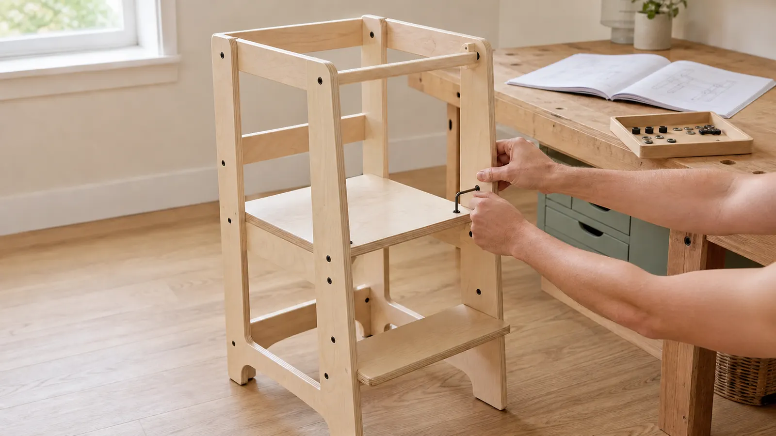 An empty natural-wood toddler tower being checked beside an organized exact parts tray and open assembly manual in a bright home workspace