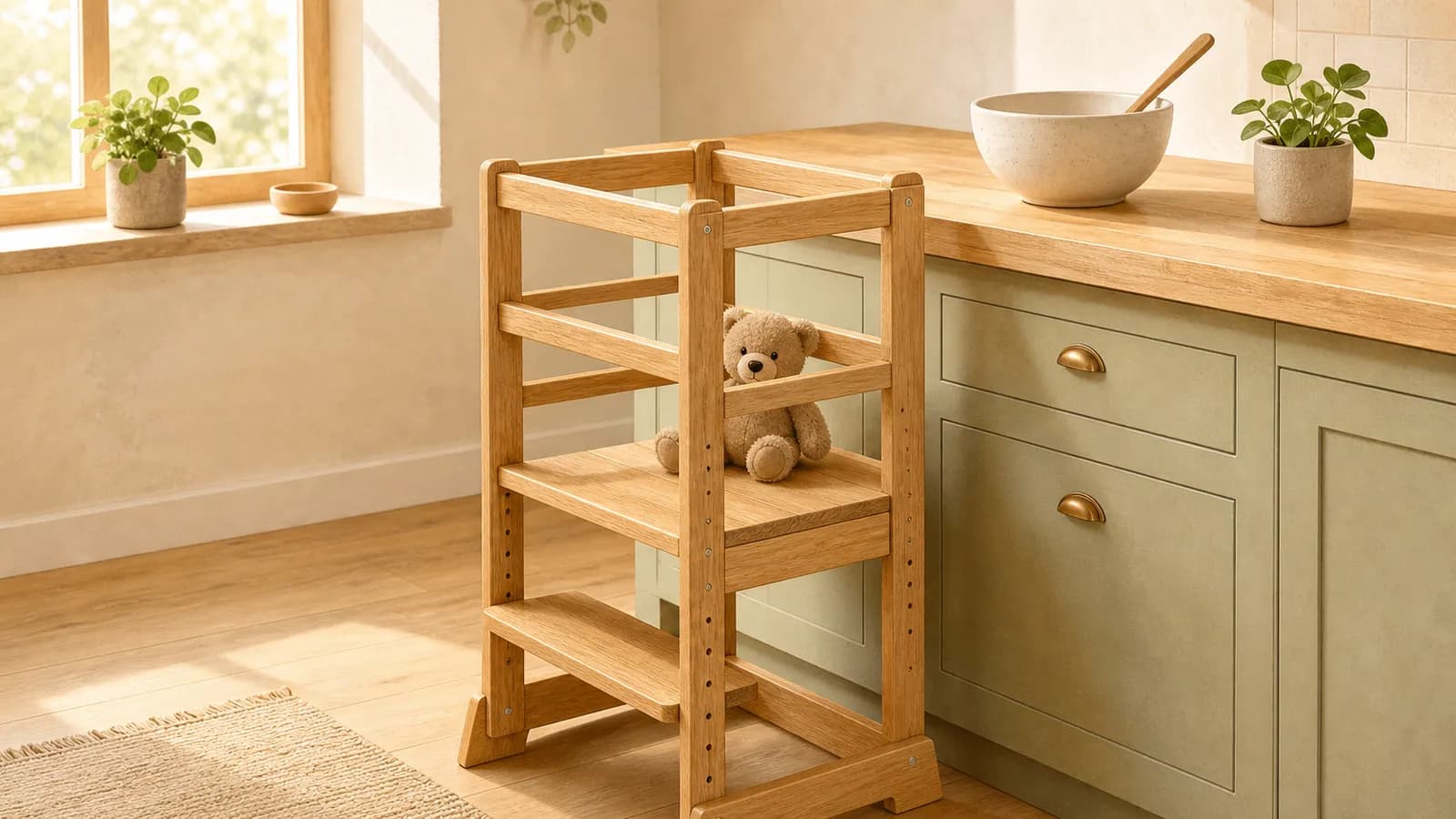 An oak-wood toddler learning tower with four-sided guard rails and an adjustable platform, standing at a sage-green kitchen counter with a teddy bear on the platform in warm morning light