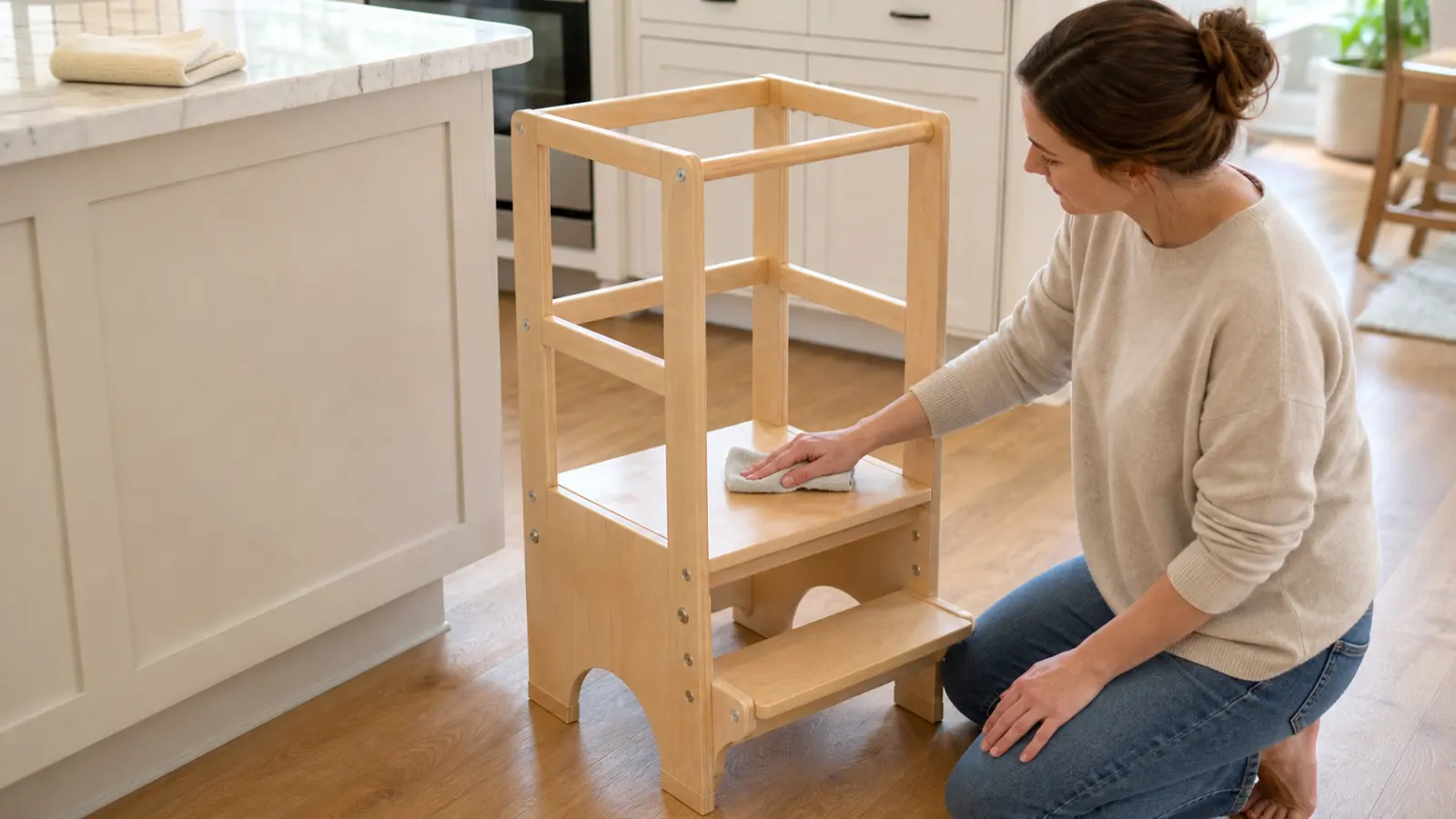An adult wipes the platform of an empty wooden toddler tower with a lightly damp cloth