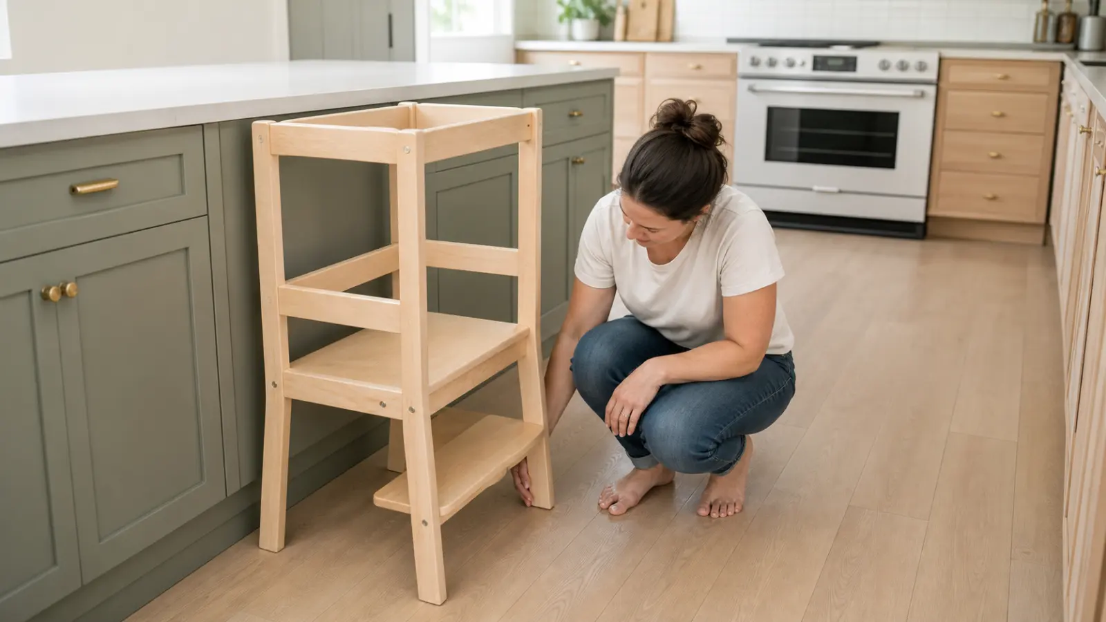 An adult checks all four feet of an empty wooden toddler tower on a dry kitchen floor at a clear section of counter away from the stove