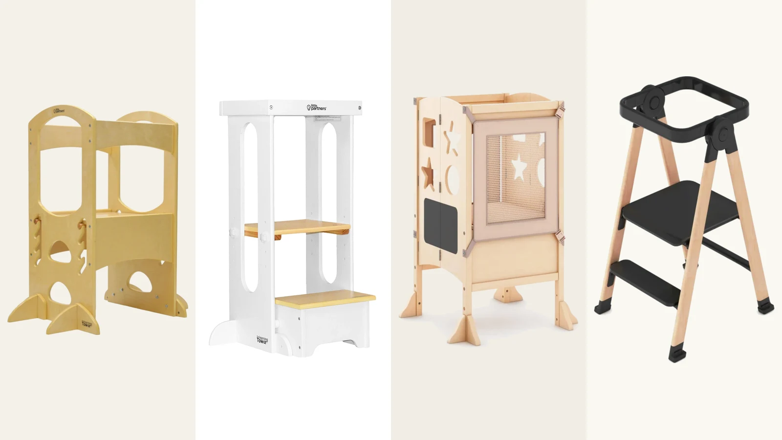Official product images of two Little Partners and two Guidecraft toddler towers in neutral panels