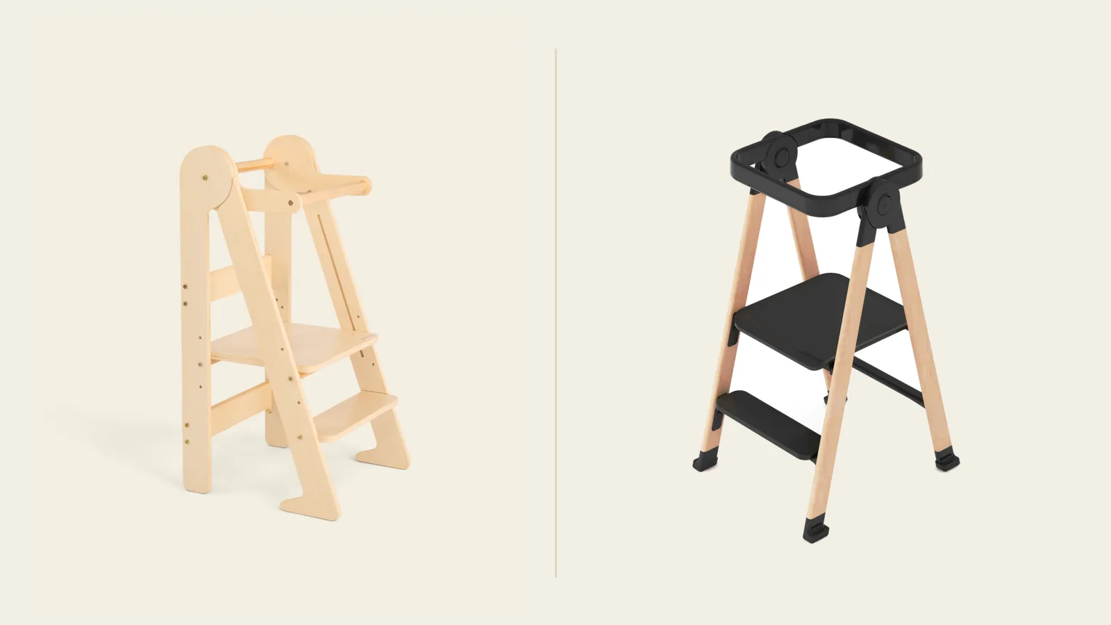 Official product images of the Piccalio Foldable Toddler Tower and Guidecraft Kitchen Helper FLEX shown side by side