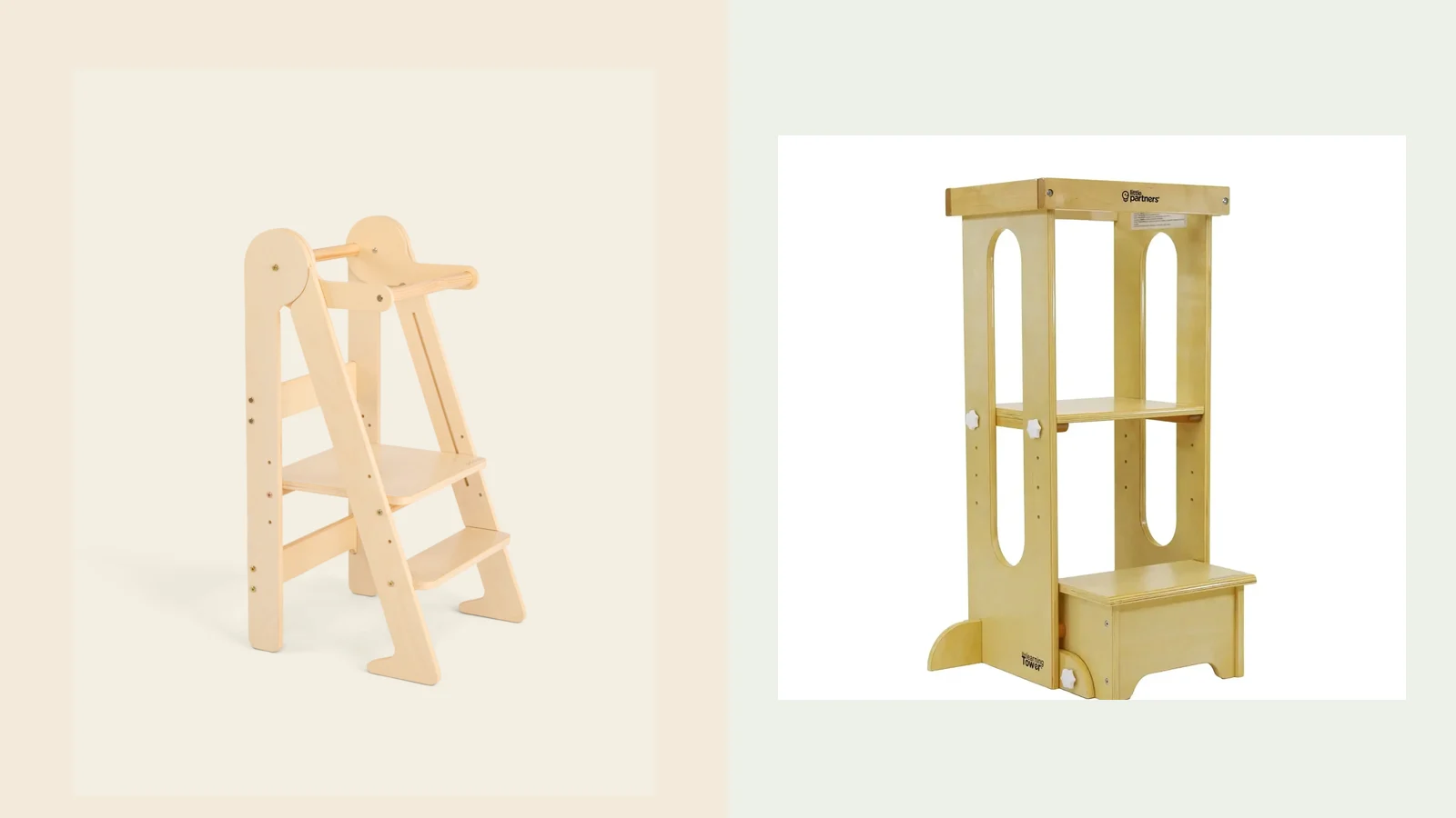 Official product images of the Piccalio Foldable Toddler Tower and Little Partners Explore N Store Learning Tower shown side by side