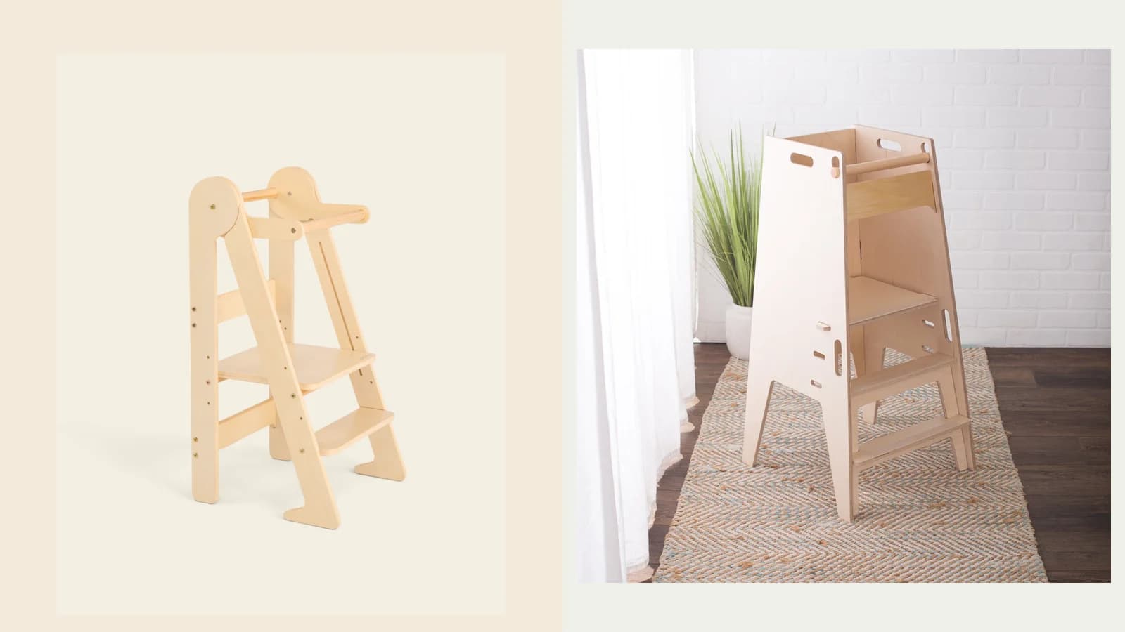 Official product images of the Piccalio Foldable Toddler Tower and Sprout Sous-Chef Toddler Tower shown side by side