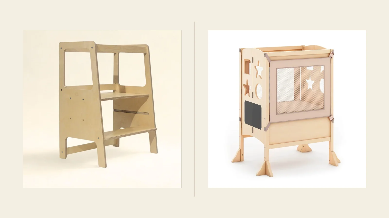 Official product images of the RAD Toddler Tower Double and Guidecraft Kitchen Helper Double shown side by side