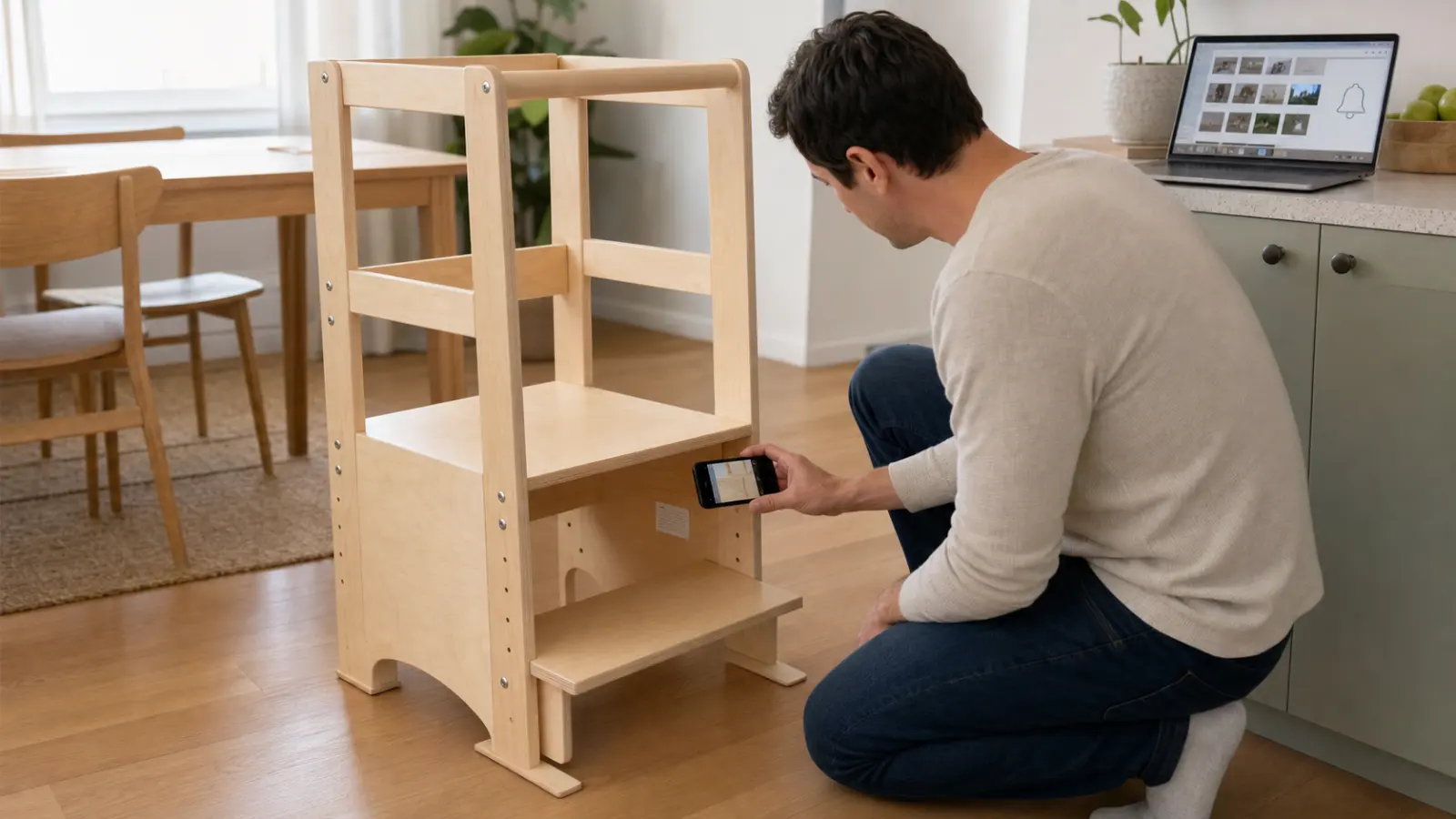 A parent photographs the model label on an empty wooden toddler tower while saving its receipt and manual digitally