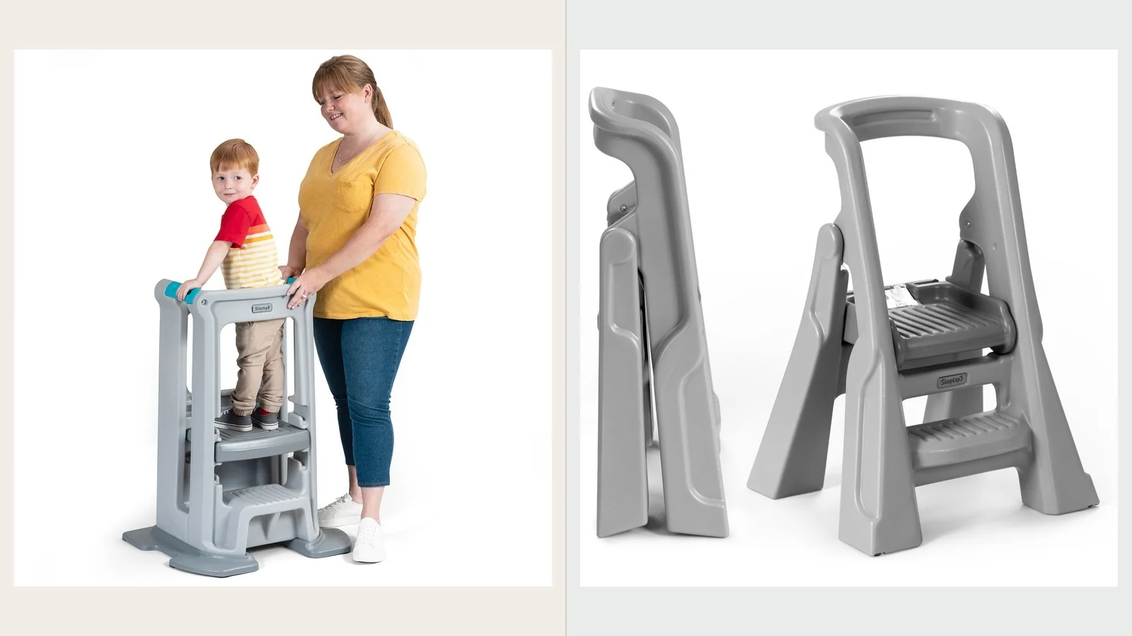 Official product images of the Simplay3 Toddler Tower Adjustable Stool and model 22403 Folding Step Stool shown side by side