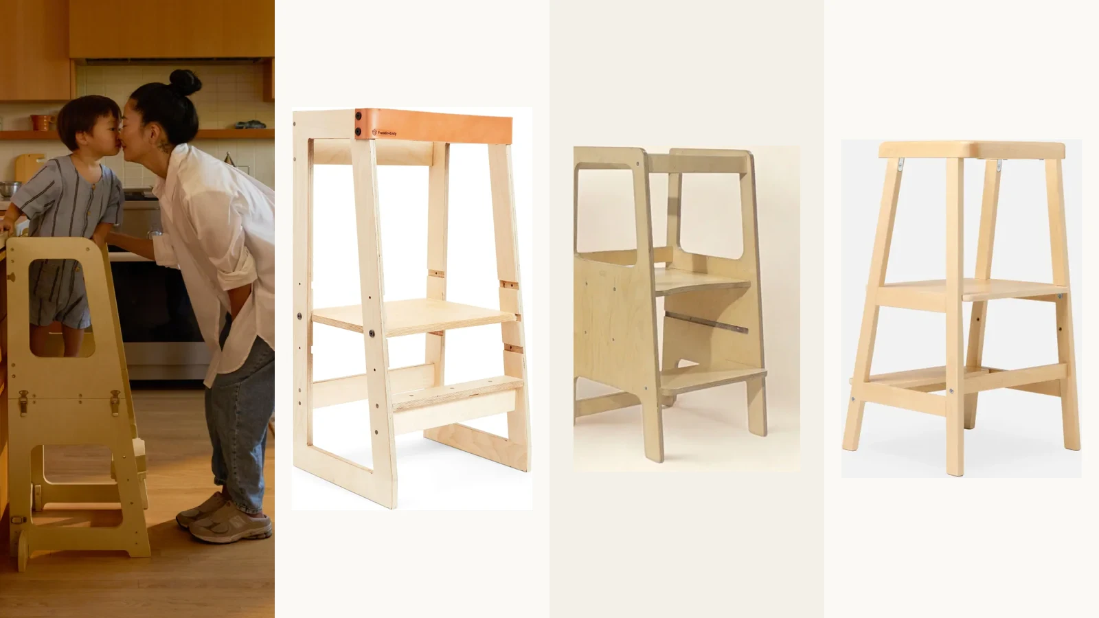 Official product images of Piccalio, Franklin and Emily, RAD, and Lalo toddler towers arranged in four panels