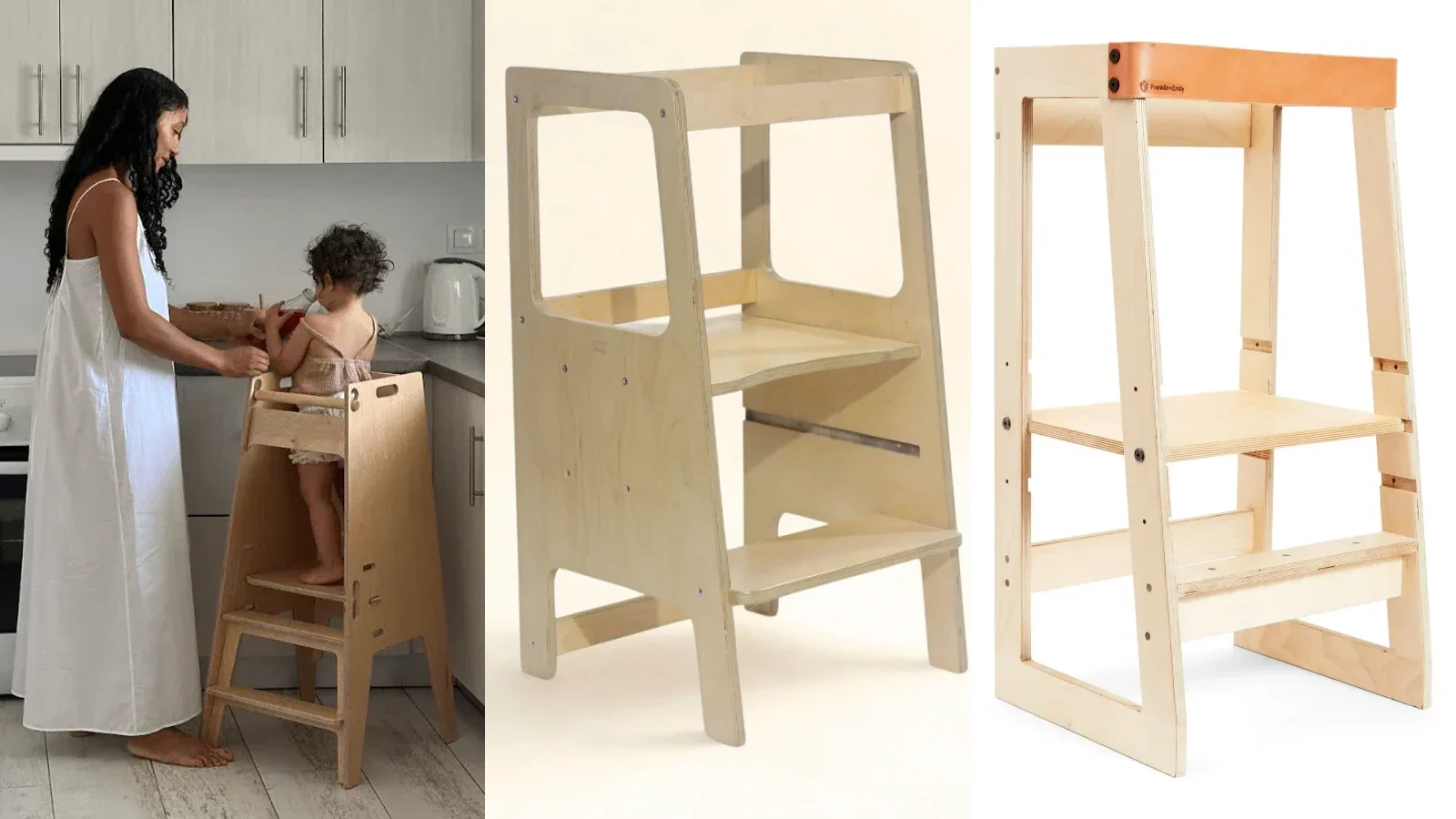 Official product images of the Sprout Sous-Chef R4, RAD Toddler Tower Solo, and Franklin+Emily Toddler Tower arranged in three panels