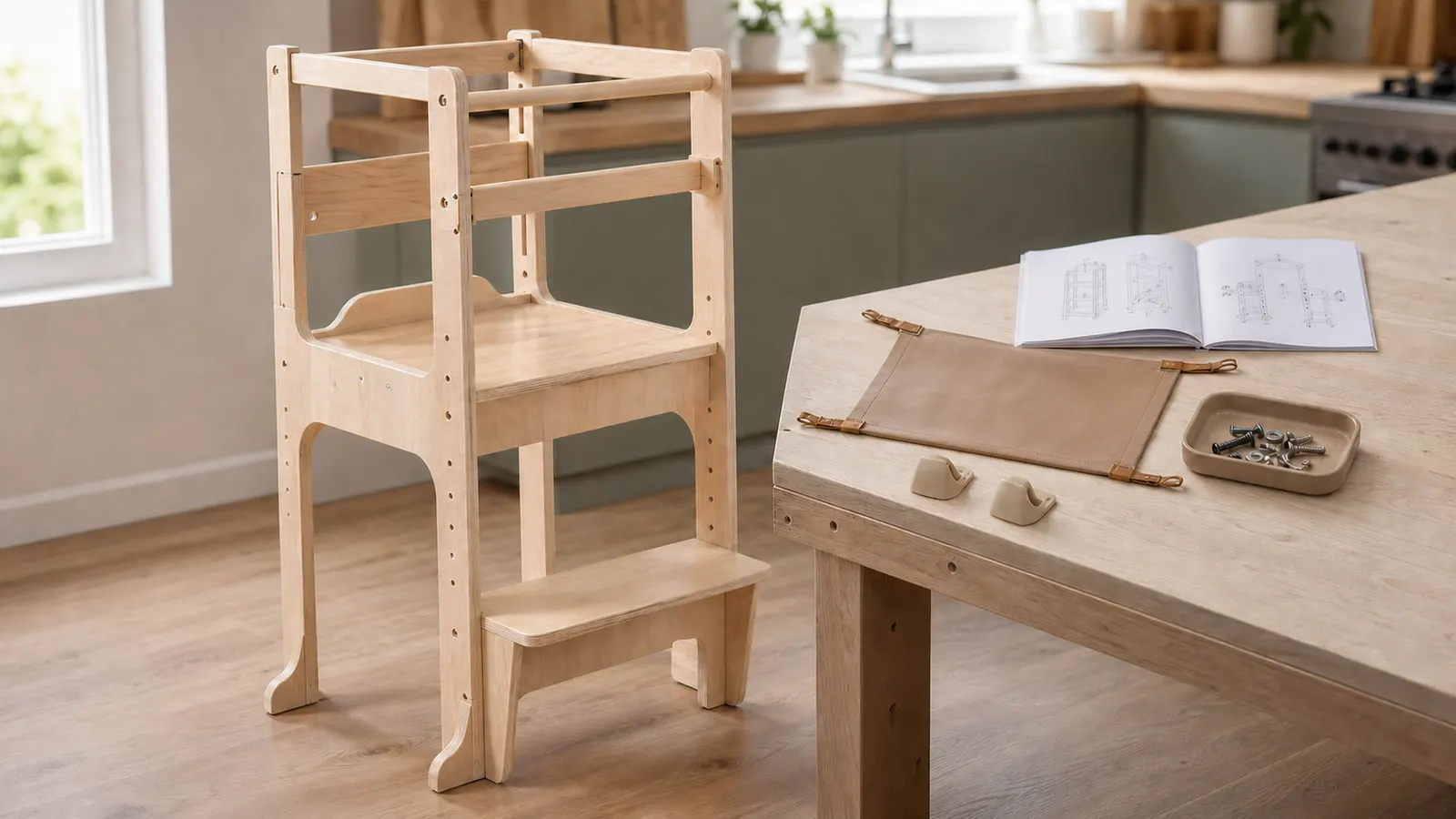 A wooden toddler tower beside a neatly separated safety net, grip feet, labeled hardware, and an open compatibility manual