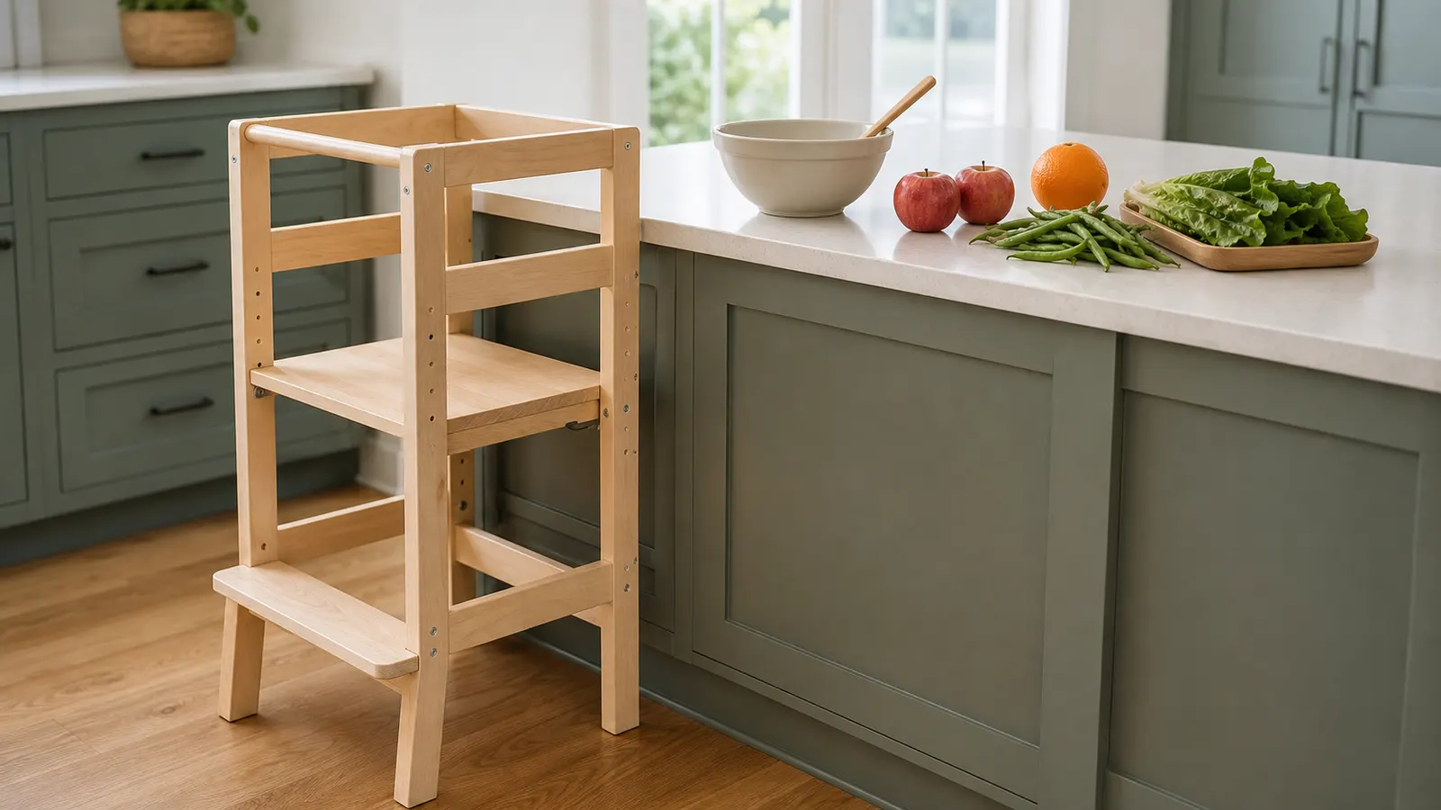An empty wooden toddler tower prepared with whole fruit, lettuce, a mixing bowl, and a wooden spoon at a kitchen counter