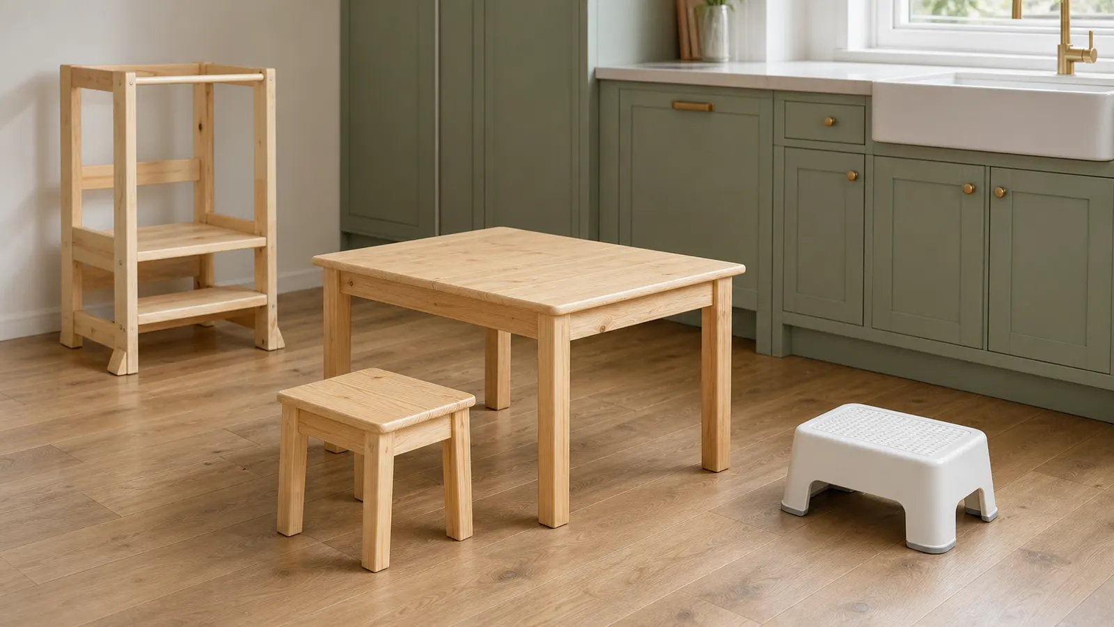 An empty wooden toddler tower beside a low child table, seated stool, and white standing step stool in a kitchen