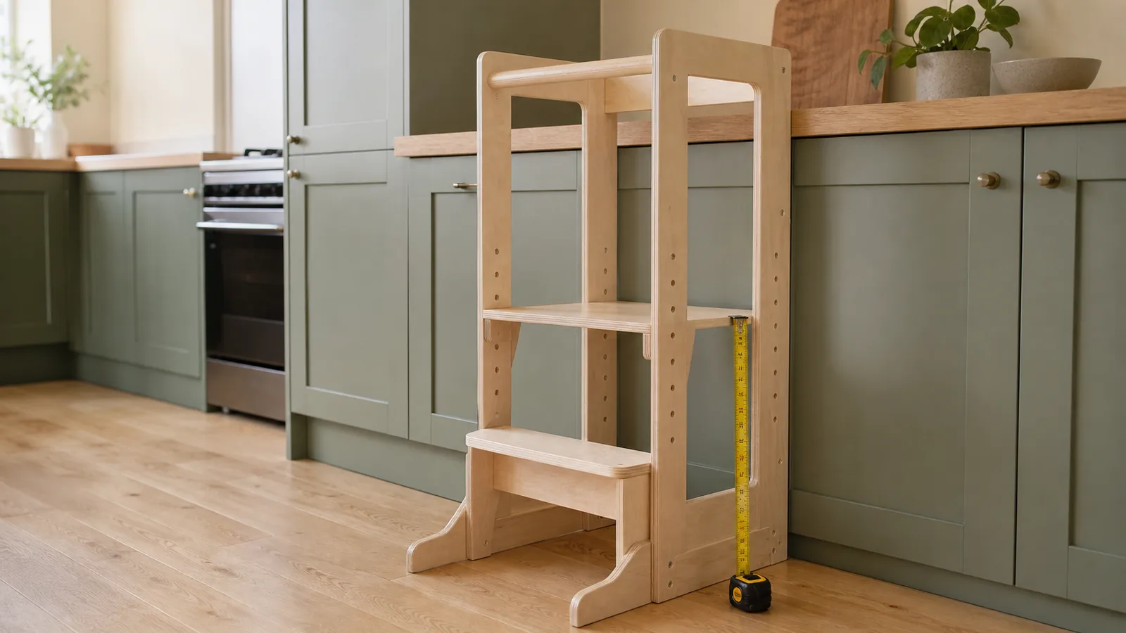 An adjustable birch toddler tower beside a sage kitchen counter with a tape measure running clearly from the floor to the platform edge