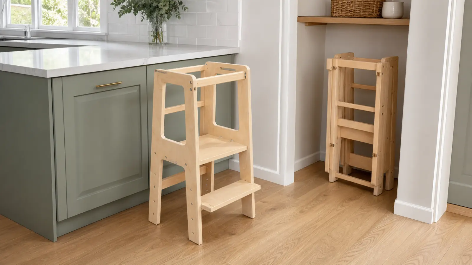 An empty wooden toddler tower shown open at a kitchen counter with a matching folded tower stored in a clear nearby alcove