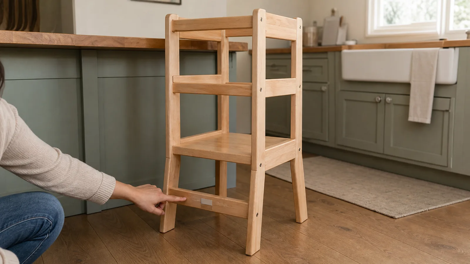 A parent checks the identification label on an empty wooden toddler tower