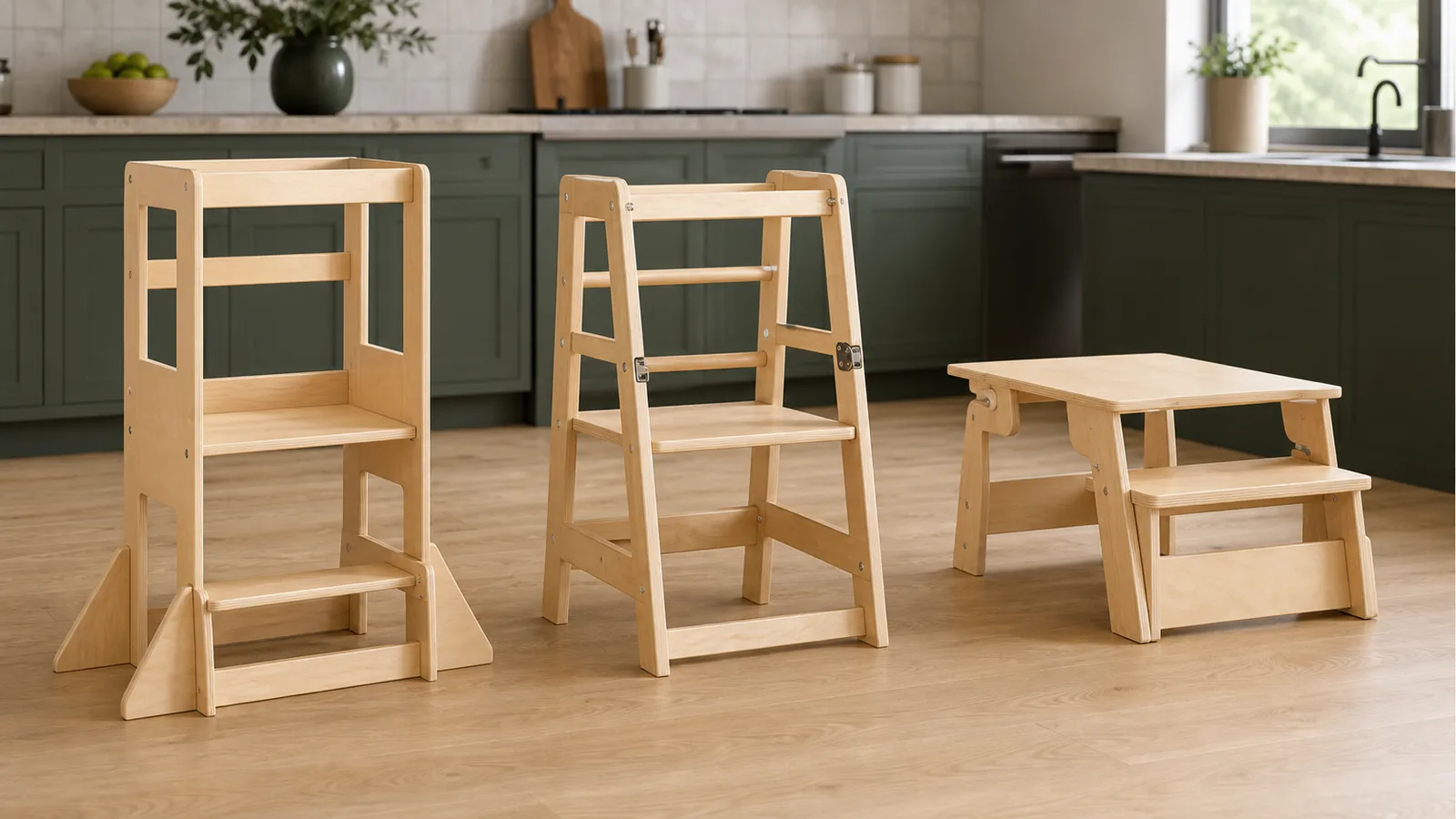 Three brand-neutral birch toddler furniture designs in a sage kitchen: a fixed-frame tower, an open foldable tower, and a convertible table-and-bench configuration
