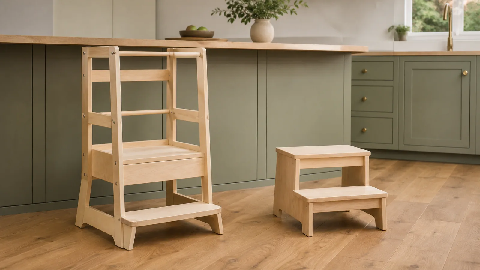 A full-height guarded birch toddler tower beside a low open two-step child stool in a sage-green kitchen
