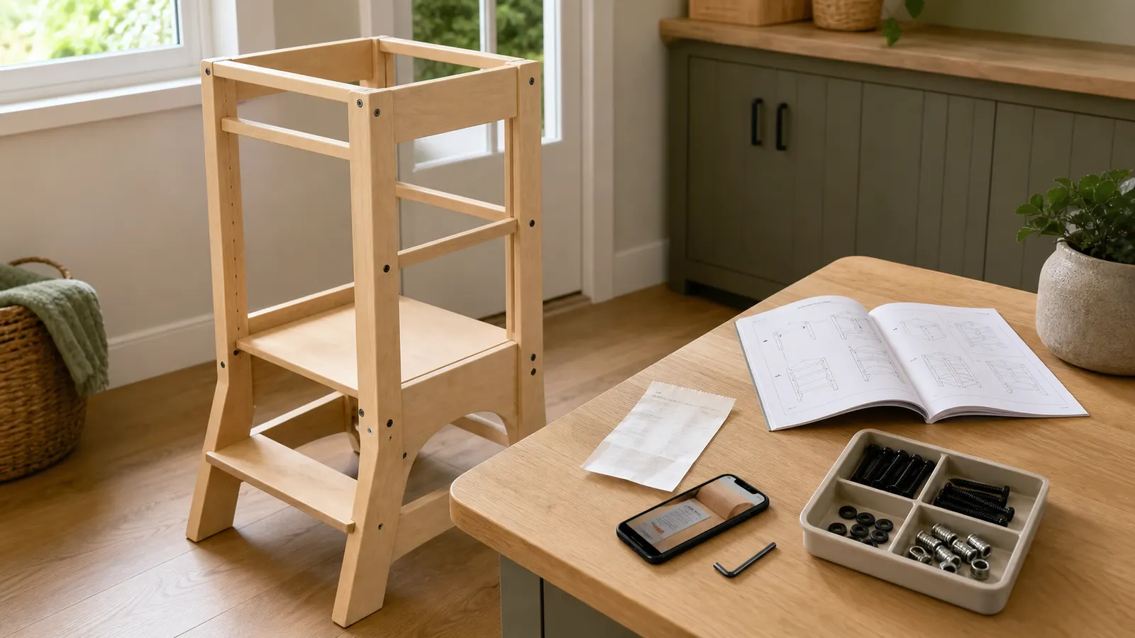 An empty wooden toddler tower beside its organized original hardware, model label photo, receipt, and manufacturer manual in a home workshop