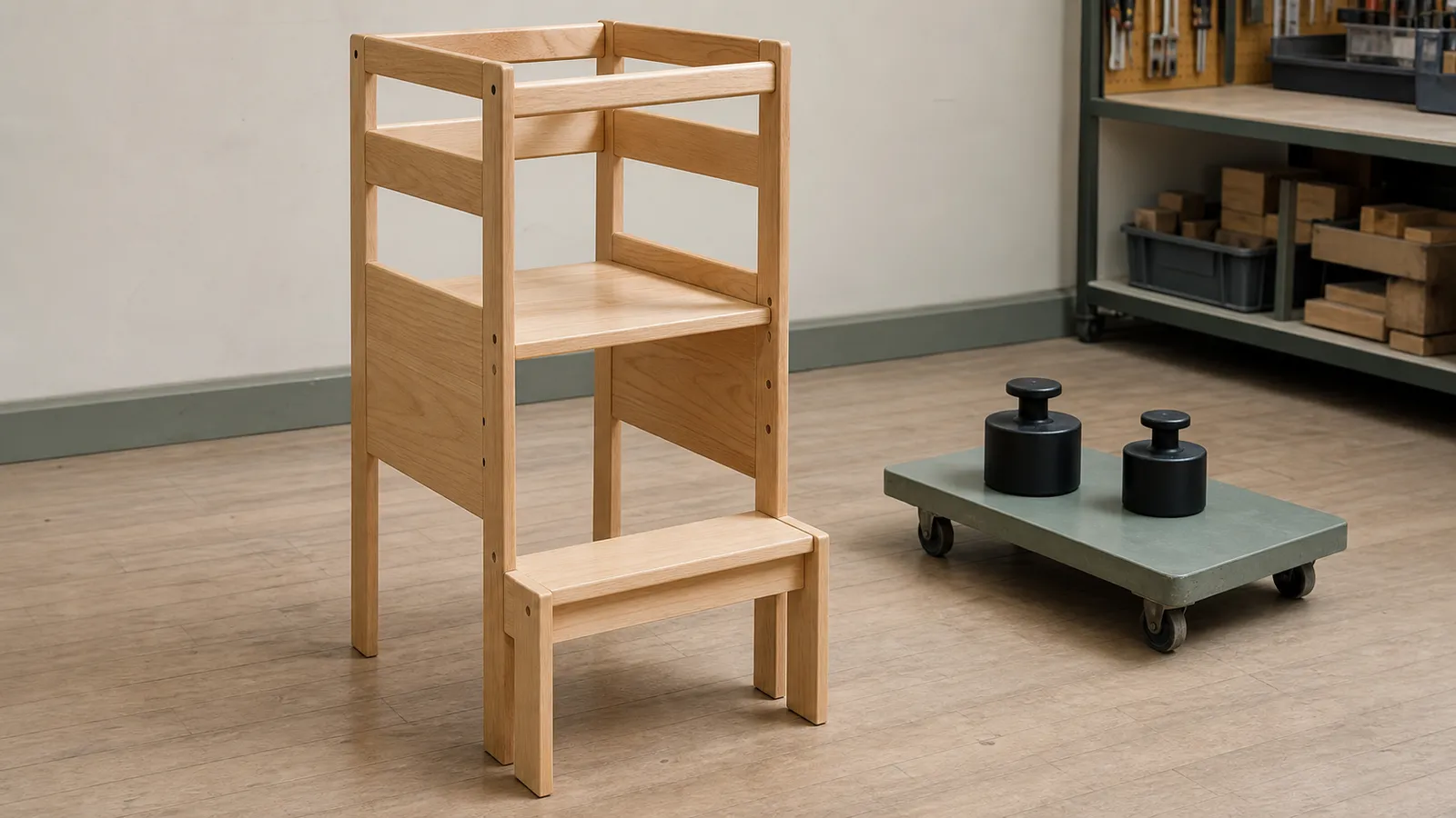 An empty wooden toddler tower beside a separate calibrated test weight in a quiet kitchen