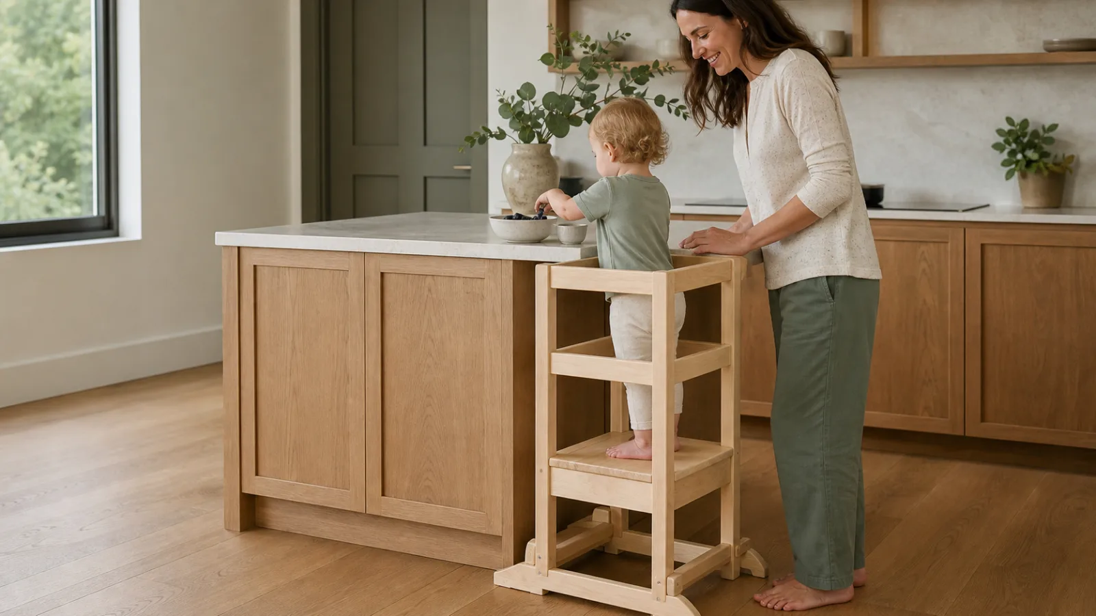 A young child stands fully inside a wooden toddler tower at a kitchen counter while a parent supervises closely beside them