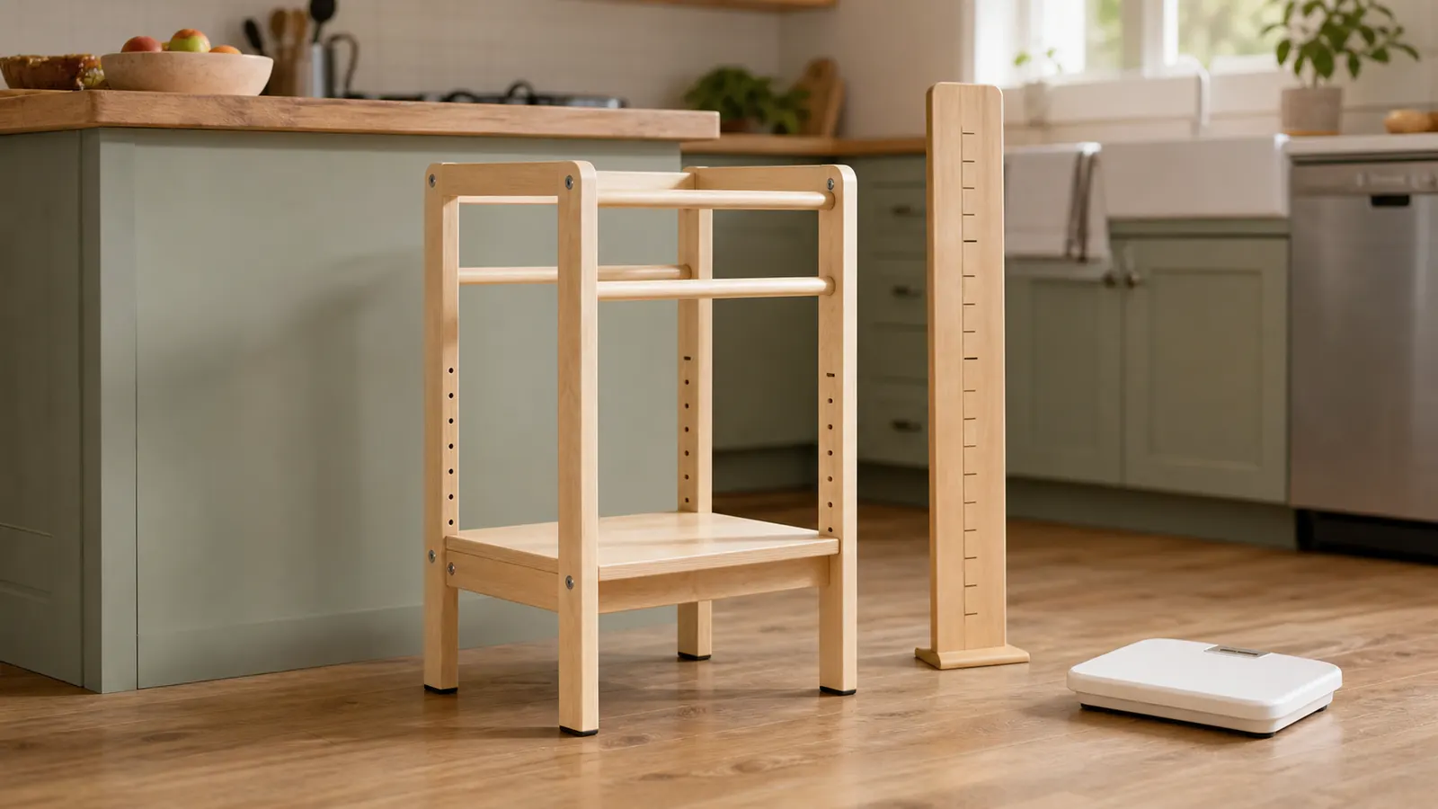 An empty wooden toddler tower beside a freestanding height board and a child scale