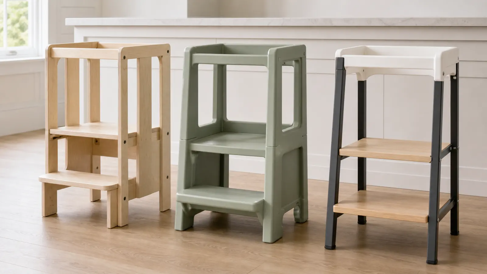 Three empty toddler towers with wood, plastic, and mixed metal and plastic construction arranged for a material comparison